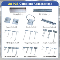 3 Pcs Metal Pegboard Panels w/25 Hooks, Storage Platform & Square Hole, Heavy Duty Pegboard Wall Organizer, Peg Board for Workshop Tool Storage