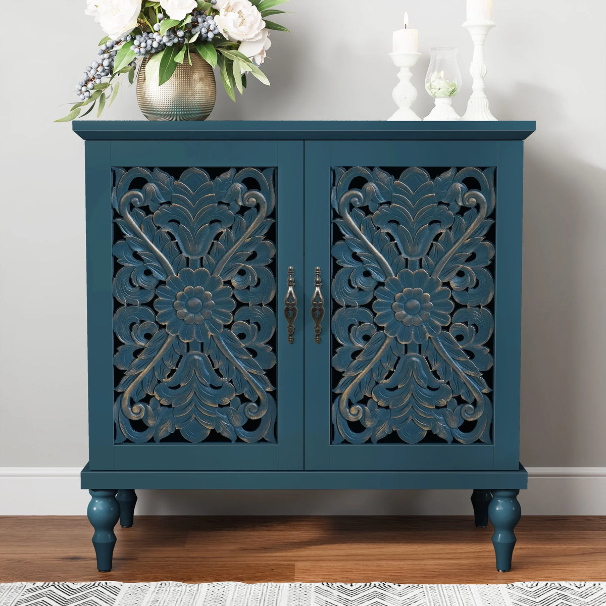 HLR 48" Accent Cabinet with 4 Doors, Vintage Hollow Carving Storage Credenza, Sideboards and Buffets Cabinet for Living Room, Kitchen, Dining Room, Entryway