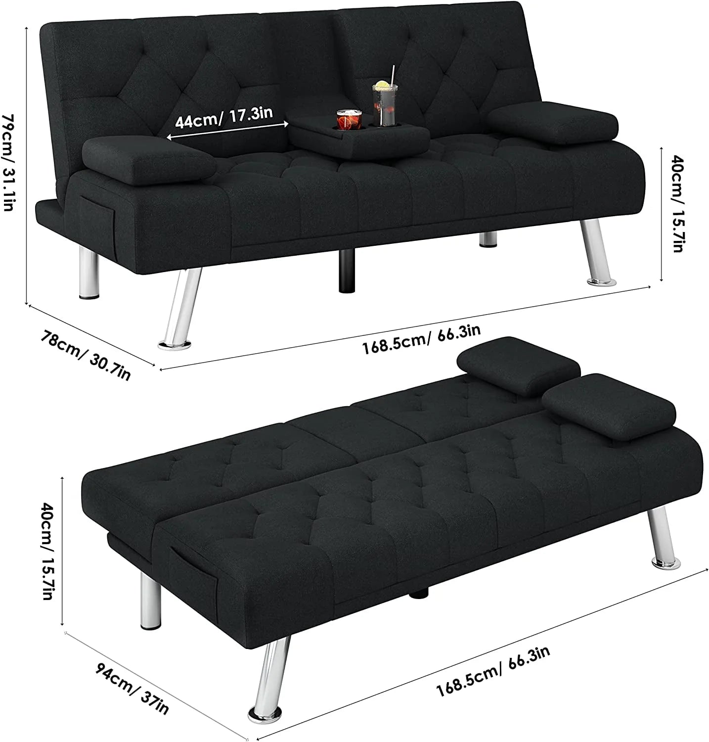 Homfa 66.3'' Upholstered Sofa Bed Couch, Convertible Futon Folding Sleeper Sofa with Removable Armrests and 2 Cupholders for Living Room, Black