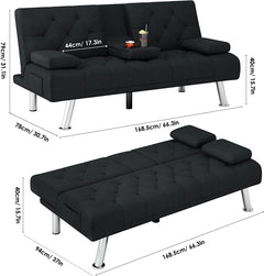 Homfa 66.3'' Upholstered Sofa Bed Couch, Convertible Futon Folding Sleeper Sofa with Removable Armrests and 2 Cupholders for Living Room, Black