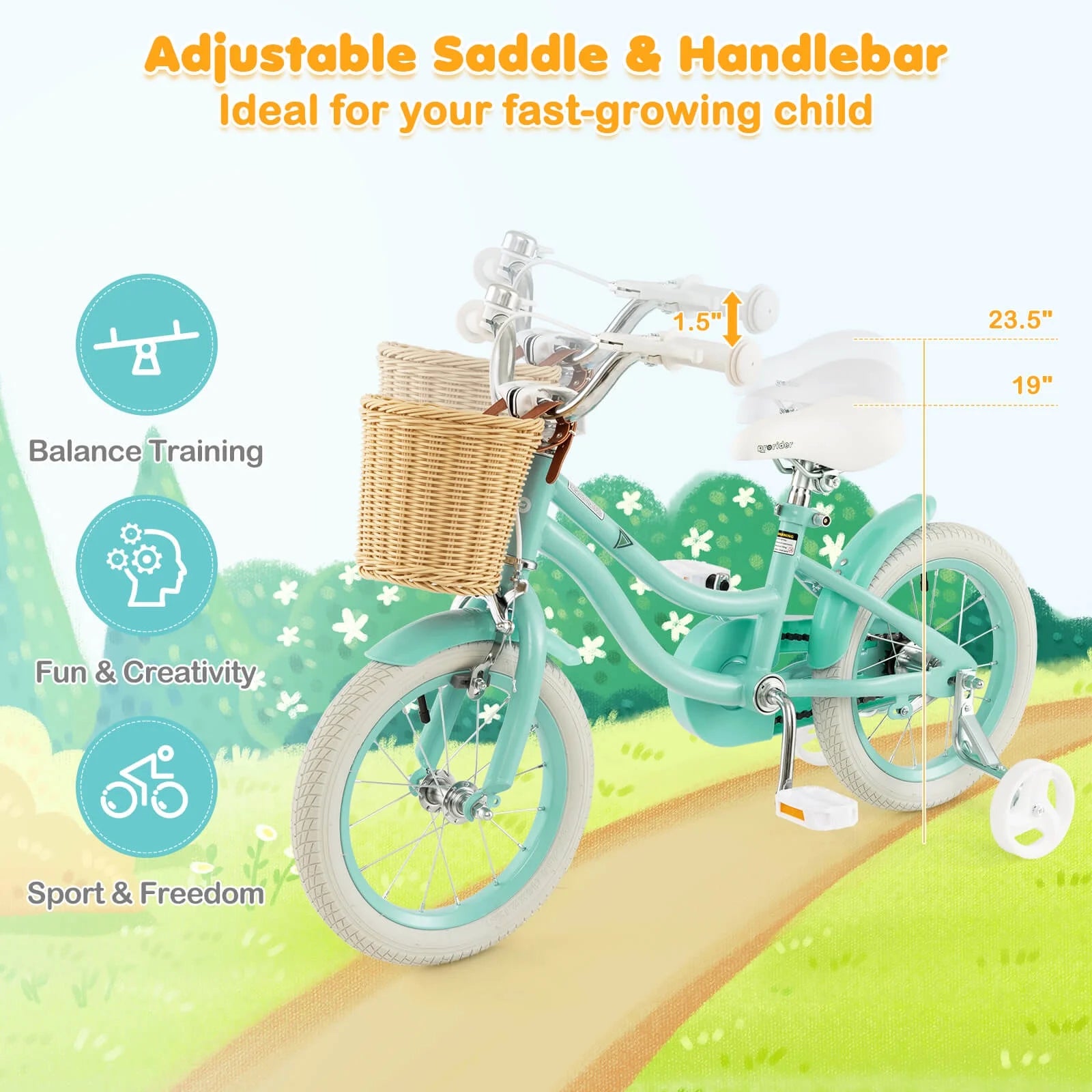 Prorider 16" Kid'S Bike with Training Wheels Adjustable Handlebar Seat Handbrake Pink