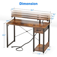 40 in Computer Desk with Power Outlets & LED Lights, Home Office Desk with 3 Drawers & Adjustable Monitor Shelf, , Writing Desk with Storage Bag, Vintage