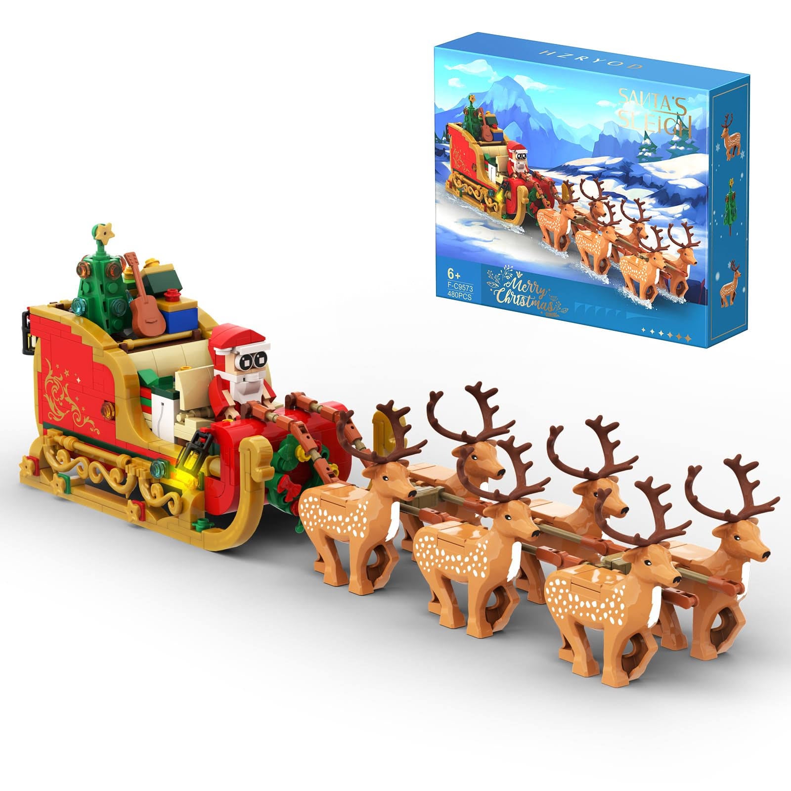 HzrYod Christmas Santa's Sleigh Building Kit, Santa Claus and Reindeer Building Sets with LED Light, Xmas Decoration Action Figures Building Bricks