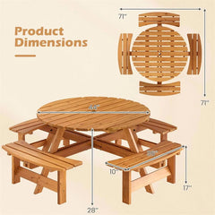 8-Person Round Wood Picnic Table Set with 4 Built-in Benches & 2" Umbrella Hole, Holds 2420 LBS, Outdoor Dining Table & Bench for Patio Garden