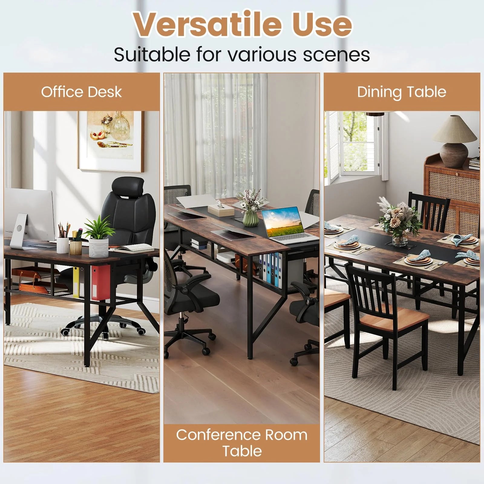 Tangkula  Rectangular Meeting Table with Mesh Storage Shelf & Cable Grommet for 6-8 People