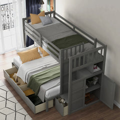 AECOJOY Twin over Full/Twin Convertible Bunk Bed with Storage Shelves and Drawers, Grey