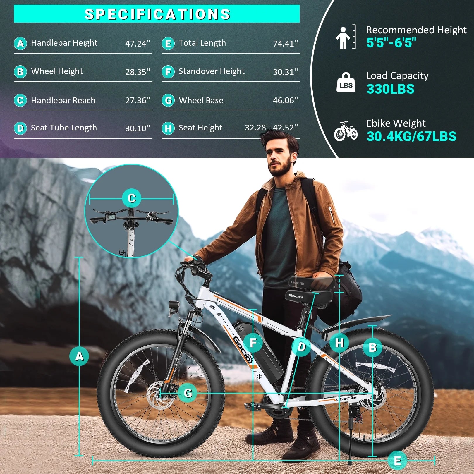 Gocio 26" 4.0 Fat Tire Electric Bike for Adults, 500W Motor, 48V 13ah Battery, Lightweight Aluminum Alloy Frame, Max 22mph Electric Mountain Bike Beach Snow Ebike for Men, Professional 7 - Speed UL2849