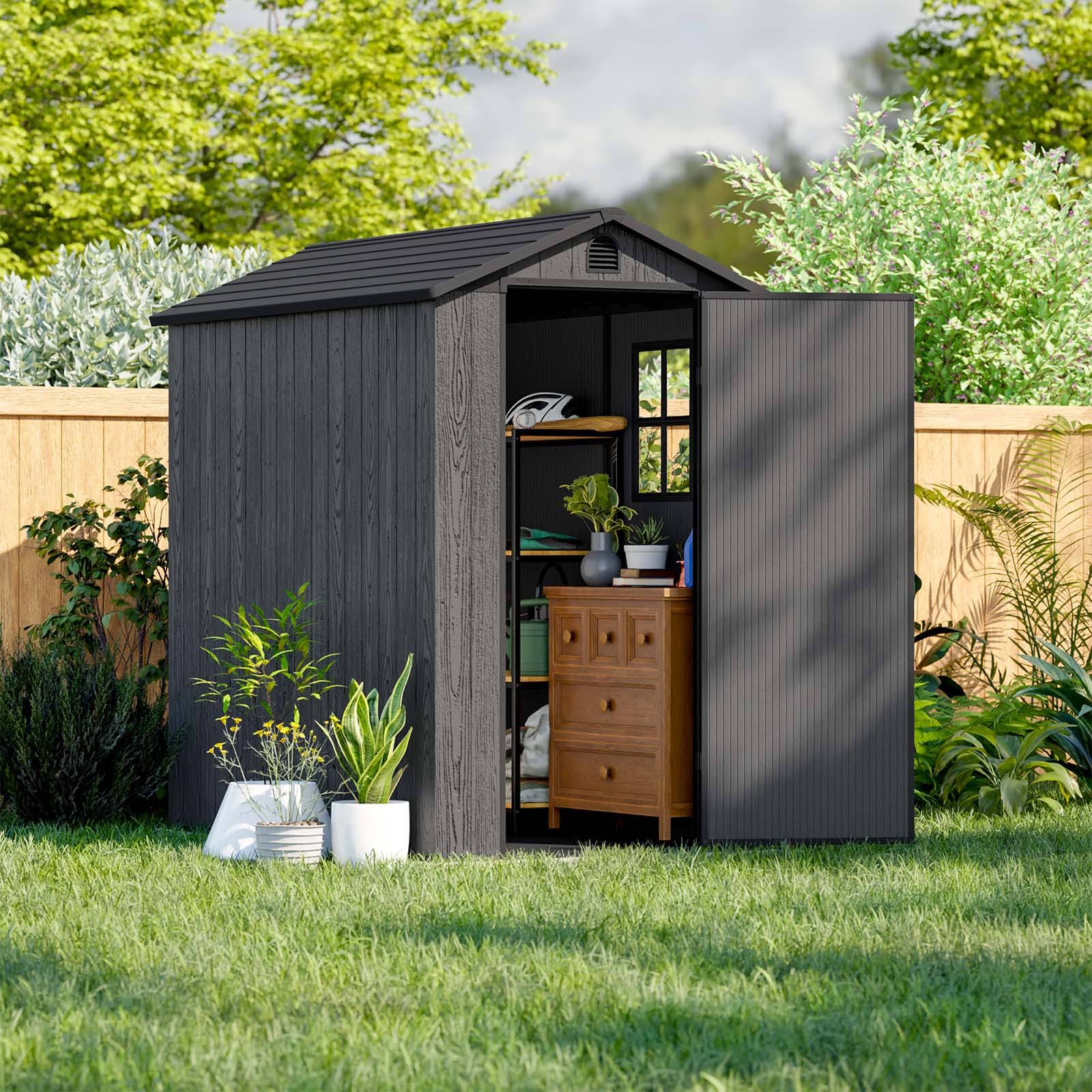 Patiowell 4x6 Easy Installation Outdoor Storage Plastic Shed-Store Patio Furniture, Garden Tools Bike Accessories, Beach Chairs and Lawn Mower