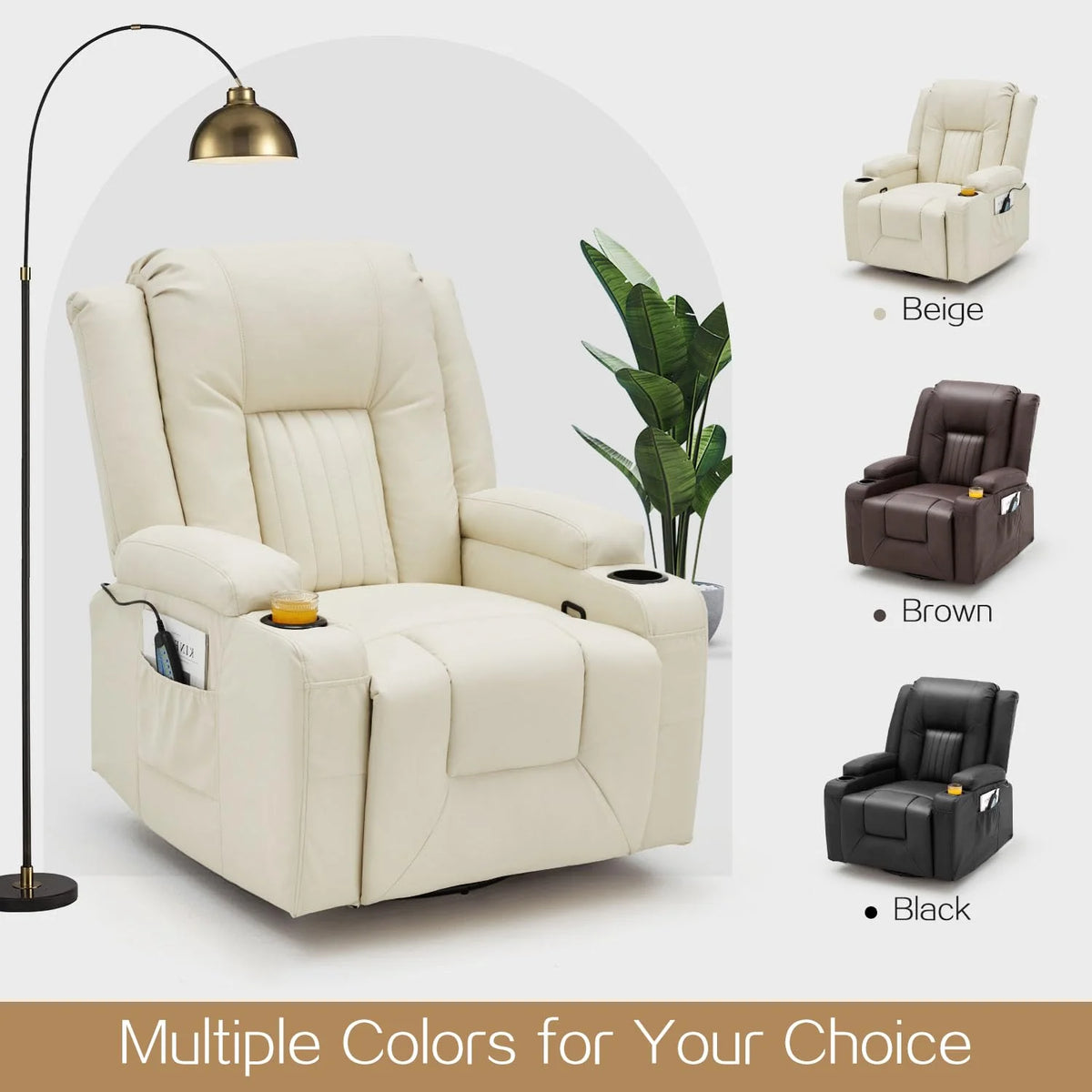 AECOJOY Massage Recliner Manual Chair with Heating & 360° Swivel Rocking Function, Cream White