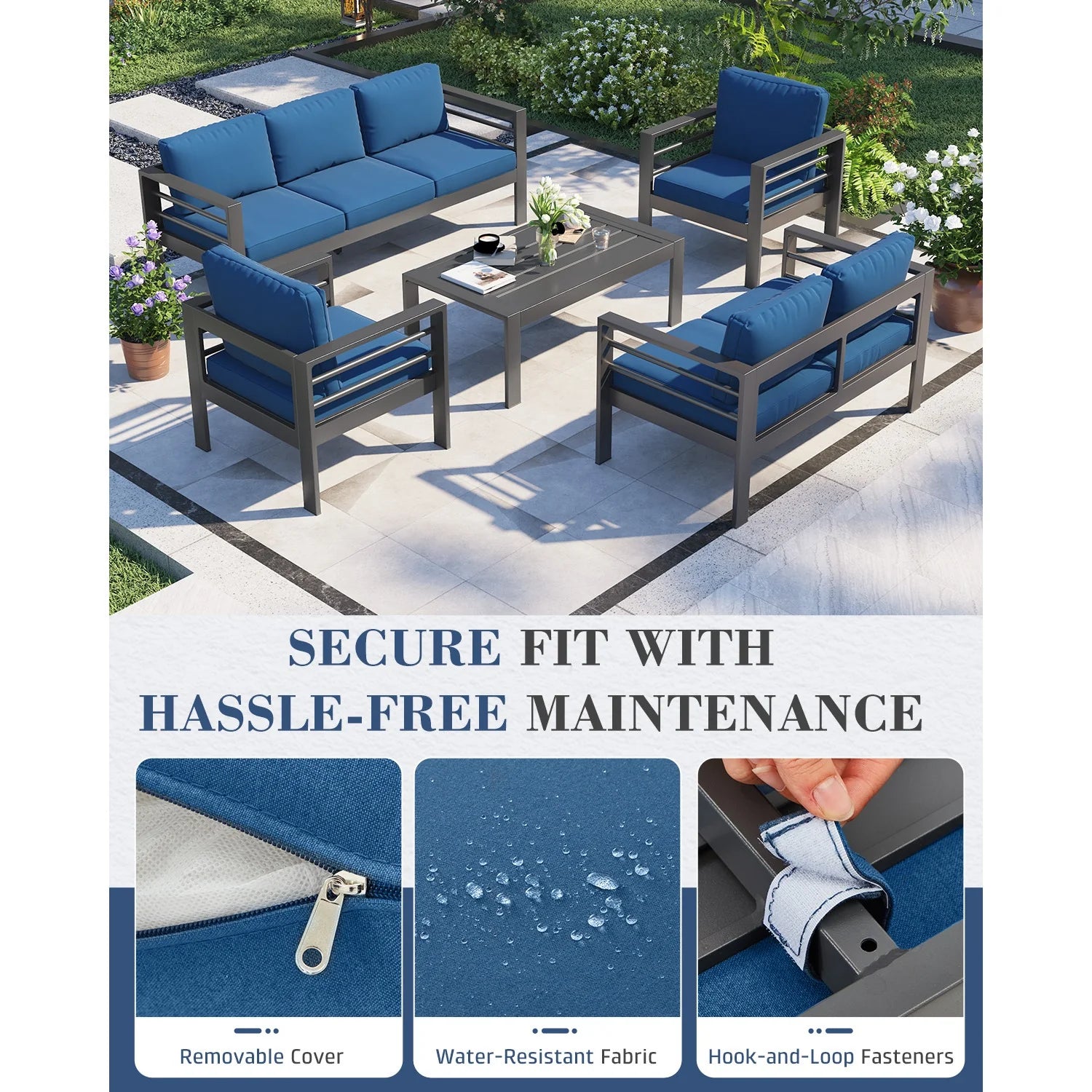 AECOJOY Aluminum Patio Furniture Set, 5 Pieces Outdoor Sectional Sofa Set, Blue