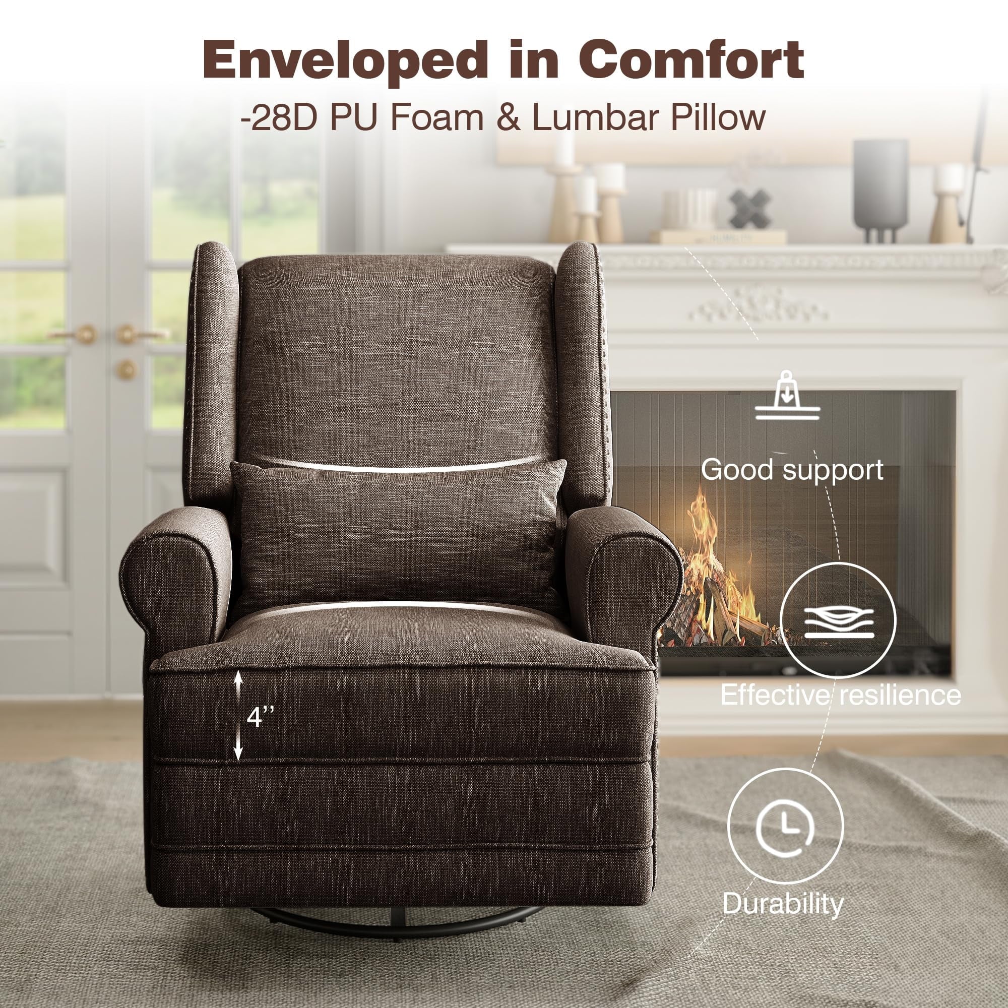 Royalcraft Swivel Nursery Glider Recliner, Comfy Upholstered Glider Chair with Lumbar Pillow and Footrest, Beige