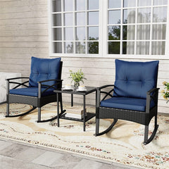 3 Piece Rattan Patio Rocking Bistro Set, Outdoor Wicker Rockers with Cushions & 2-Tier Tempered Glass Coffee Table for Porch, Balcony, Backyard