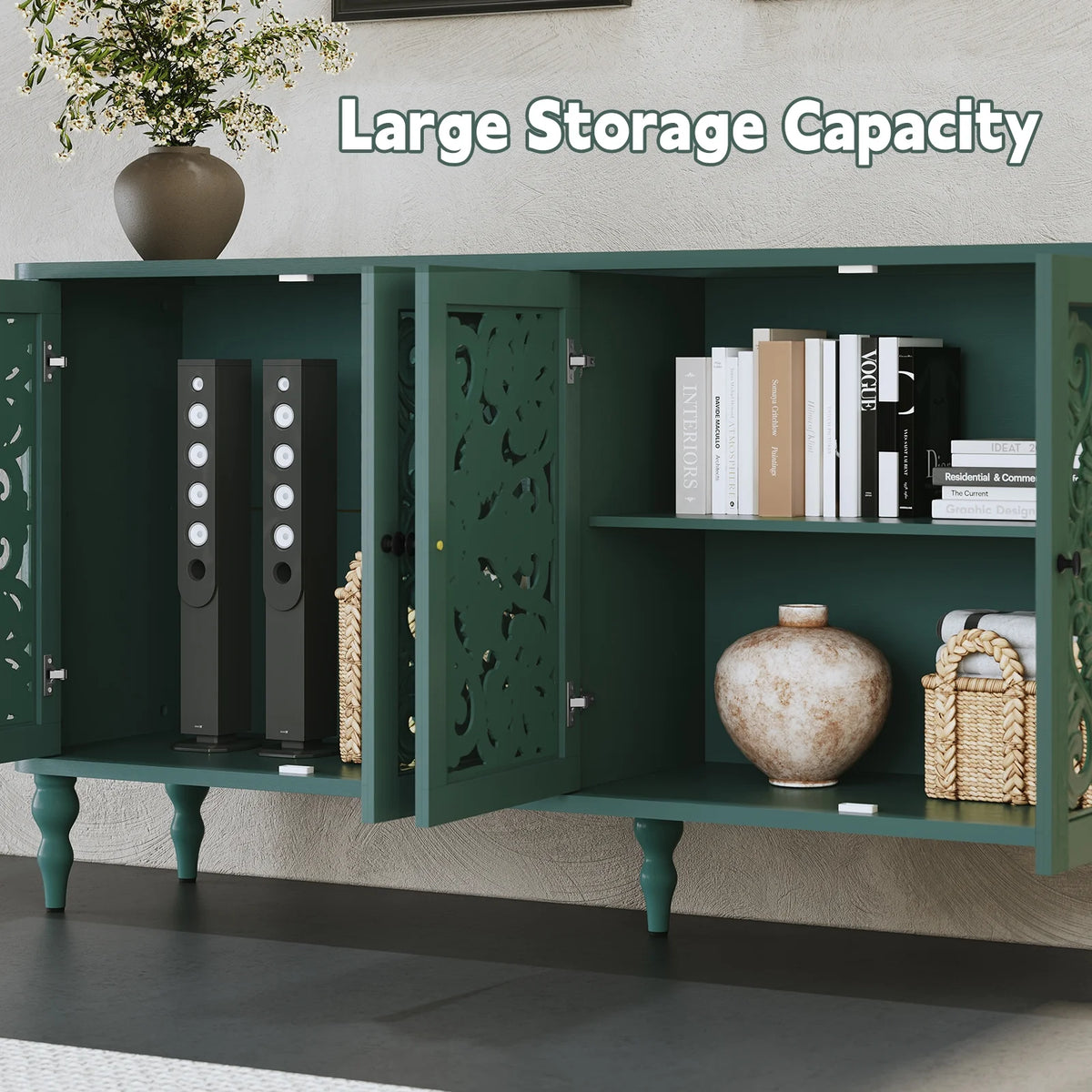 HLR 48" Accent Cabinet with 4 Doors, Vintage Hollow Carving Storage Credenza, Sideboards and Buffets Cabinet for Living Room, Kitchen, Dining Room, Entryway