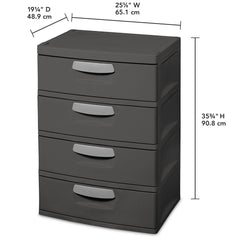 Sterilite 4 Drawer Unit, Durable Plastic Storage Solution for Garages and Basements, Dark Gray