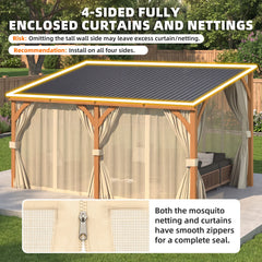 AECOJOY 10x10 Outdoor Wooden Pergola Gazebo with Curtains and Netting for Patio