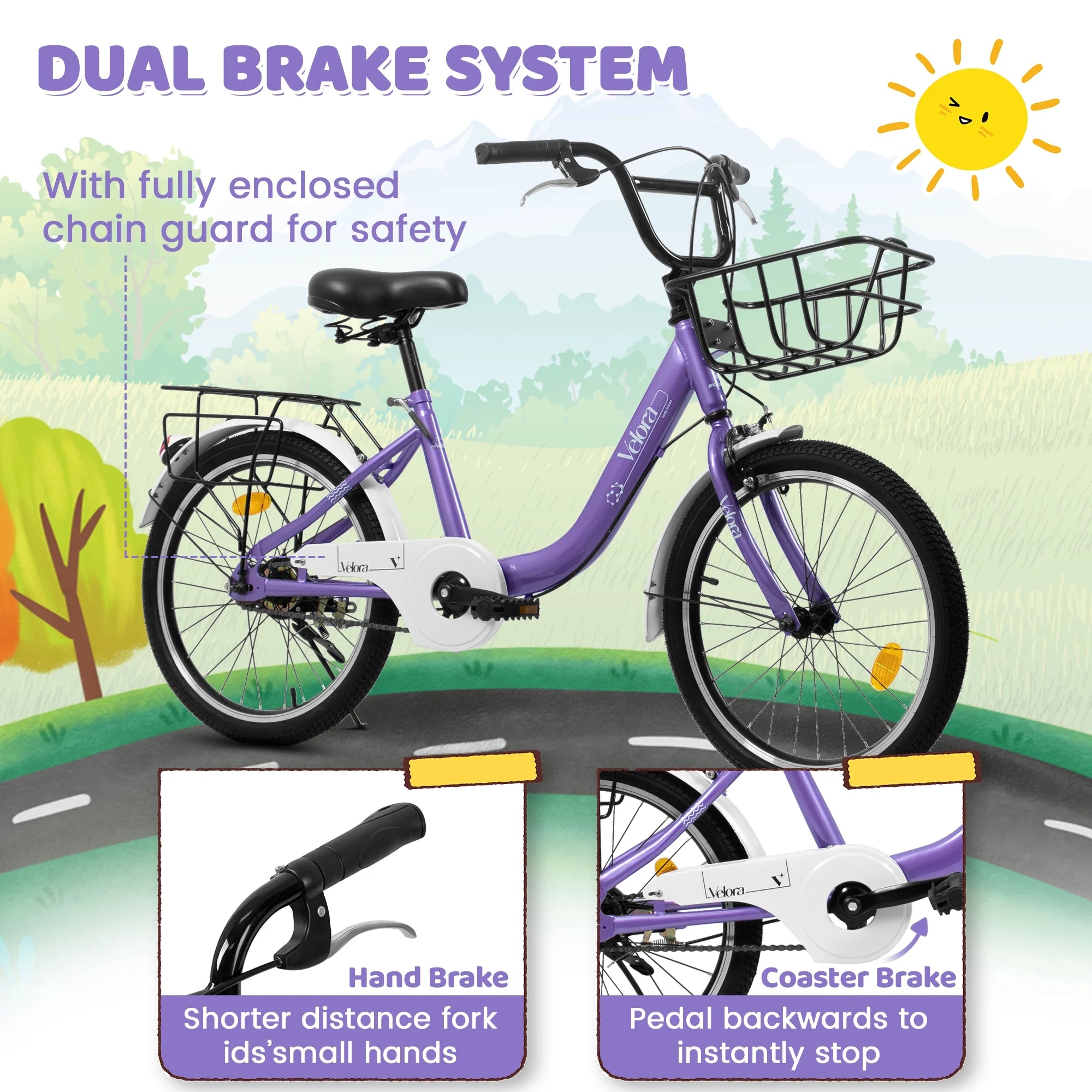 20 in Kids Bike for Boys Girls, 1 Speed Children Bicycle with Basket, Rear Seat, Chain Guard, Coaster Brake and V - Brake, Steel Frame Kids Bike for Ages 6 - 12 Years Old Birthday Gift, Purple