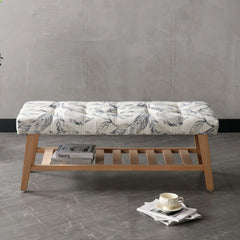 Dayalane Upholstered Storage Bench with Shoe Rack, Linen Fabric Entryway Bench for Living Room, Bedroom and Hallway, Multi Functional Ottoman with Solid Wood Shelf, Beige