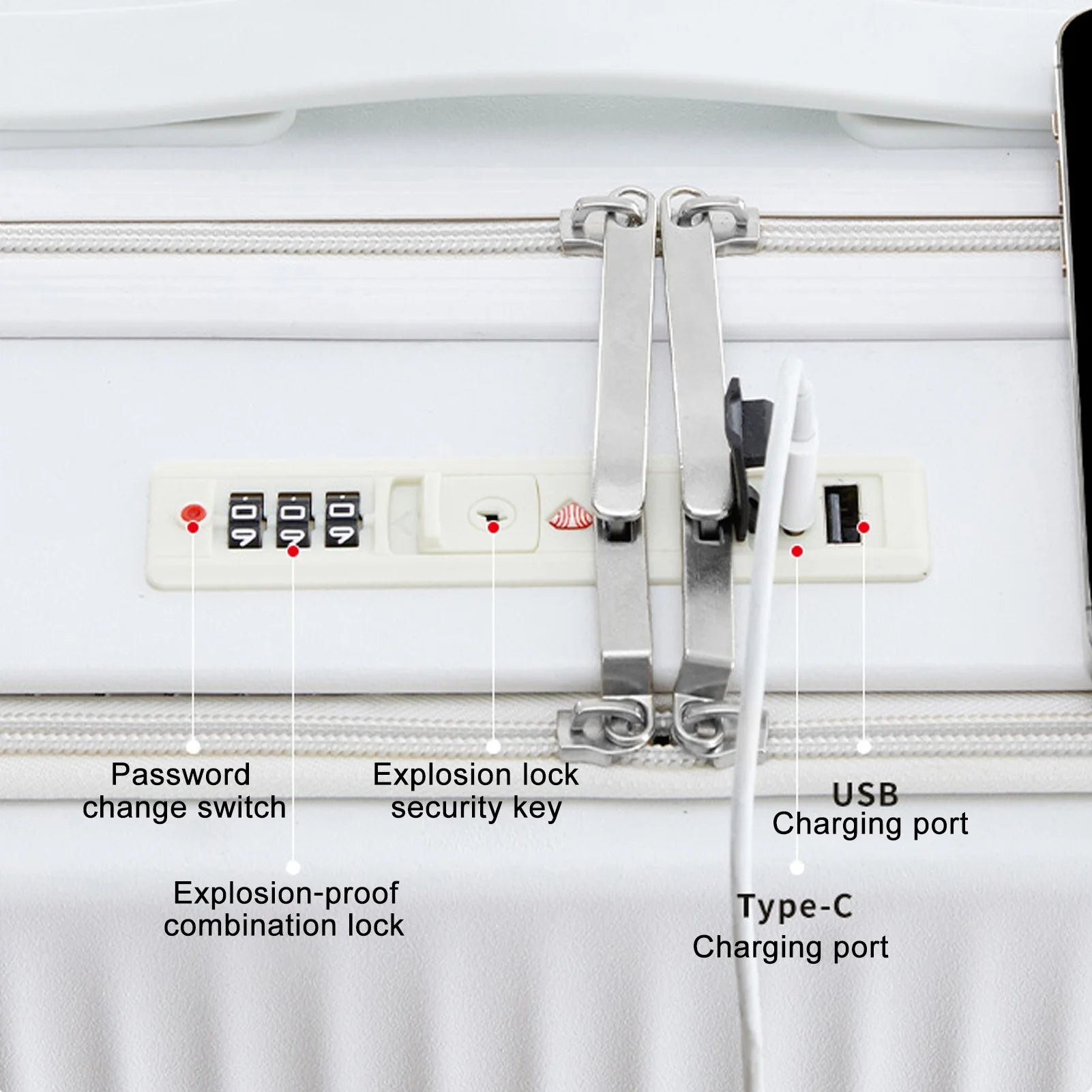 24 in Checked Luggage with Front Pocket, USB Charging Port, Built - in Lock Carry on Suitcase, Cup Holder and Phone Holder, Medium Hardside Suitcase with Spinner Wheels, White
