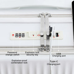 24 in Checked Luggage with Front Pocket, USB Charging Port, Built - in Lock Carry on Suitcase, Cup Holder and Phone Holder, Medium Hardside Suitcase with Spinner Wheels, White