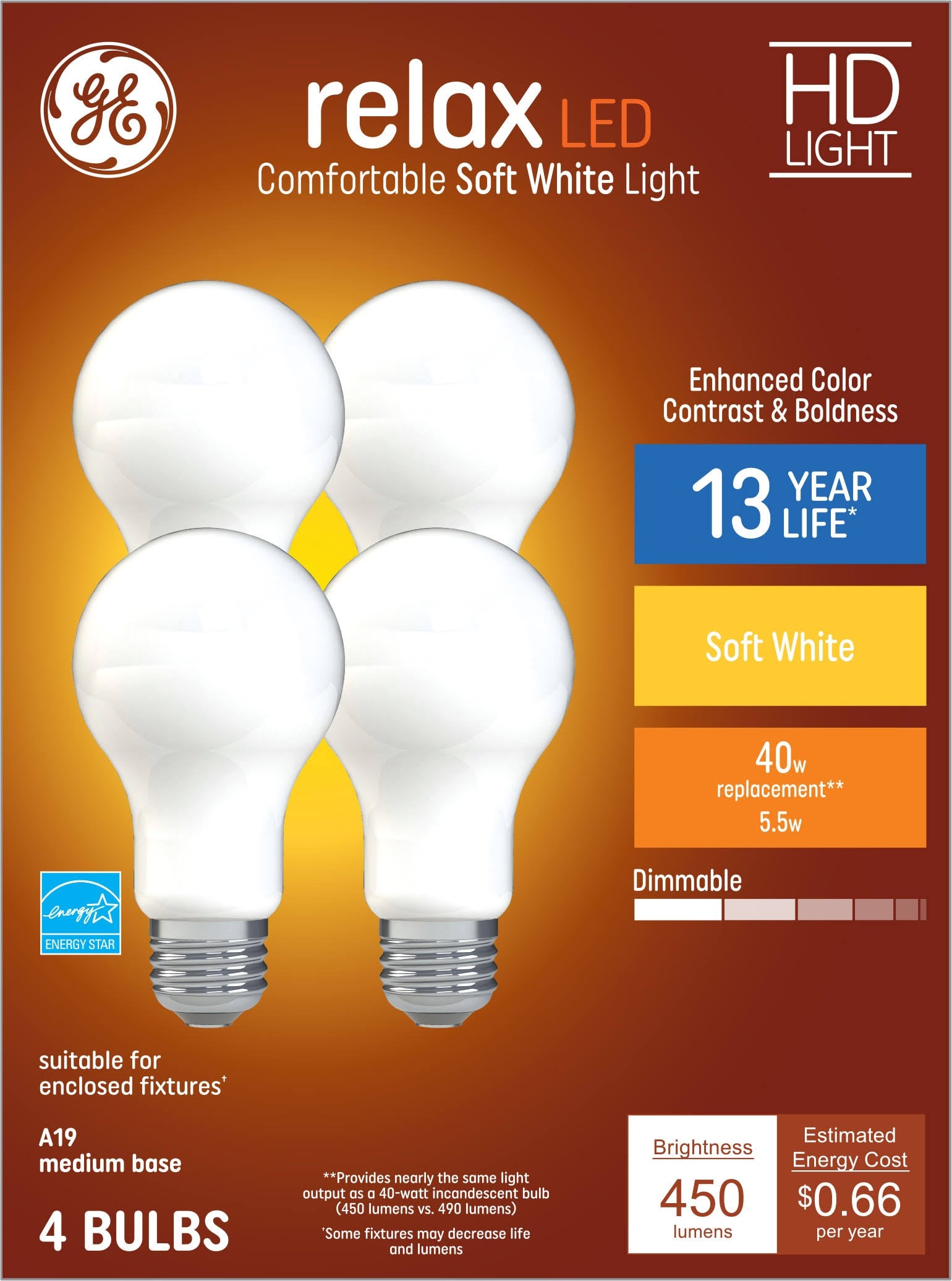 GE Relax 4-Pack 40 W Equivalent Dimmable Soft White A19 LED Light Fixture Light Bulbs
