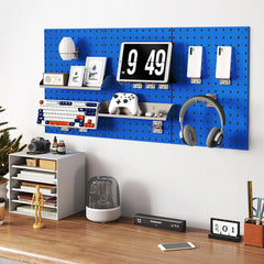3 Pcs Metal Pegboard Panels w/25 Hooks, Storage Platform & Square Hole, Heavy Duty Pegboard Wall Organizer, Peg Board for Workshop Tool Storage