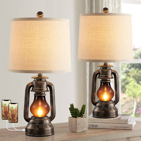 RORIANO Farmhouse Lantern Table Lamps for Living Room Set of 2, Vintage Bedroom Resin Desk Lamp with Dual USB Charging Ports, Rustic Ret
