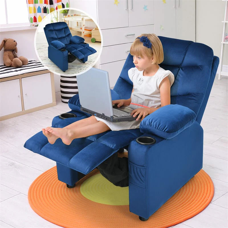 Kids Recliner Chair Adjustable Velvet Lounge Sofa with Cup Holders, 3 Pockets, Retractable Footrest, Toddler Furniture Sofa for Boys Girls Room