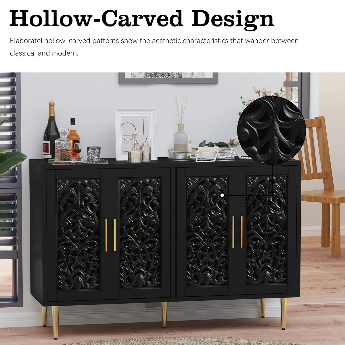 HLR 48" Accent Cabinet with 4 Doors, Vintage Hollow Carving Storage Credenza, Sideboards and Buffets Cabinet for Living Room, Kitchen, Dining Room, Entryway
