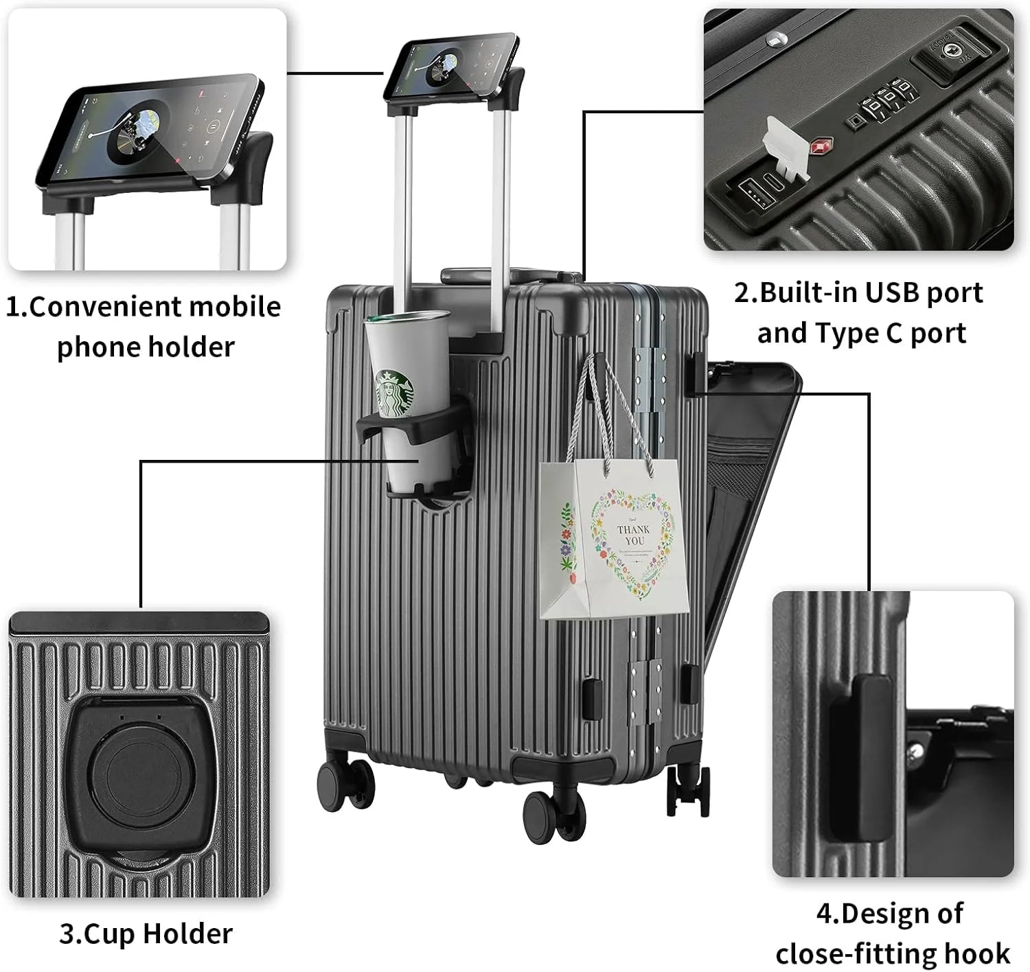 Carry - on Luggage with USB Charging Port, Front Compartment, TSA Lock, Airline Approved Carry on Hardside Suitcase with Spinner Wheels (Grey, 20 in)