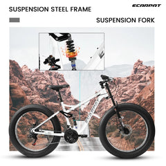 26 in Mountain Bike for Men, 26*4" Fat Tire Mountain Bicycles, Full - Suspension 21 - Speed Drivetrain with Disc Brakes