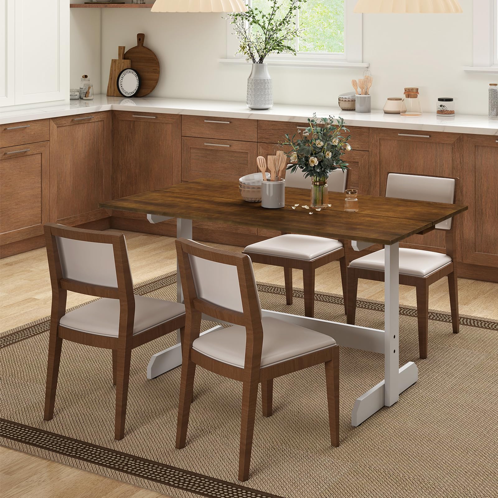 Tangkula 55 Inch Dining Table for 4-6 People Rectangular Kitchen Table with Solid Wood Trestle Base