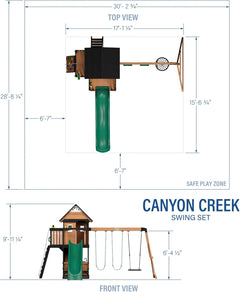 Backyard Discovery Canyon Creek Cedar Wood Swing Set with Wave Slide. Clubhouse. Play Kitchen. Picnic Area. Belt Swings. Web Swing. Rock Wall. Balconies. Playhouse. Step Ladder. Outdoor Playset