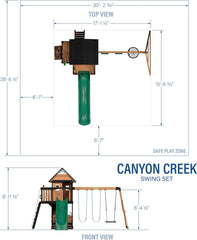 Backyard Discovery Canyon Creek Cedar Wood Swing Set with Wave Slide. Clubhouse. Play Kitchen. Picnic Area. Belt Swings. Web Swing. Rock Wall. Balconies. Playhouse. Step Ladder. Outdoor Playset