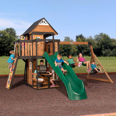 Backyard Discovery Canyon Creek Cedar Wood Swing Set with Wave Slide. Clubhouse. Play Kitchen. Picnic Area. Belt Swings. Web Swing. Rock Wall. Balconies. Playhouse. Step Ladder. Outdoor Playset