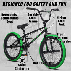Cubsala 20 in Kids BMX Bike Freestylefor Age 6 - 14 Years Old Boys Girls with 4 Pegs, Black with Red Tires