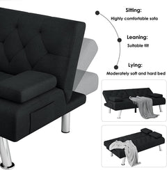 Homfa 66.3'' Upholstered Sofa Bed Couch, Convertible Futon Folding Sleeper Sofa with Removable Armrests and 2 Cupholders for Living Room, Black