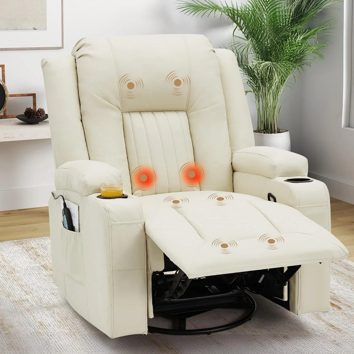 AECOJOY Massage Recliner Manual Chair with Heating & 360° Swivel Rocking Function, Cream White