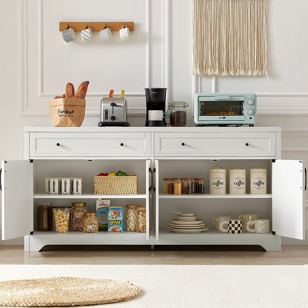 Trumanpick 61"h Large Buffet Sideboard Cabinet, TV Cabinet, Kitchen Pantry for Dining Room, Living Room, 61.3''L x 15''W x 29.8''H, White/Walnut
