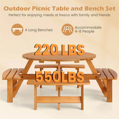 8-Person Round Wood Picnic Table Set with 4 Built-in Benches & 2" Umbrella Hole, Holds 2420 LBS, Outdoor Dining Table & Bench for Patio Garden
