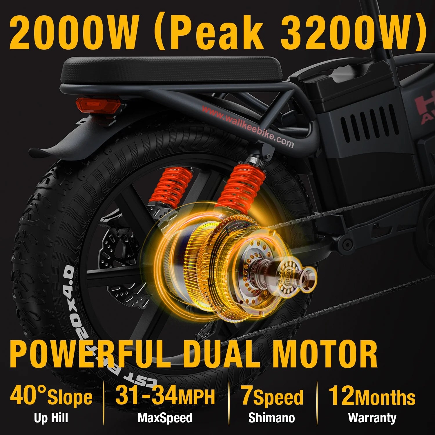 Wallke H9 AWD 3200W Dual Motor Electric Bike for Adult, 82ah 48V Dual Battery Long Range E - Bicycle, 31 - 34MPH Fast Ebike, 20" Fat Tire Offroad Full Suspension Folding, 3mm Aluminum Alloy Frame, UL2849