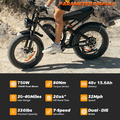 20" Fat Tire Electric Bike for Adults, 1500W Peak Adults Ebike, 48V 15ah Battery Electric Mountain Bike UL2849