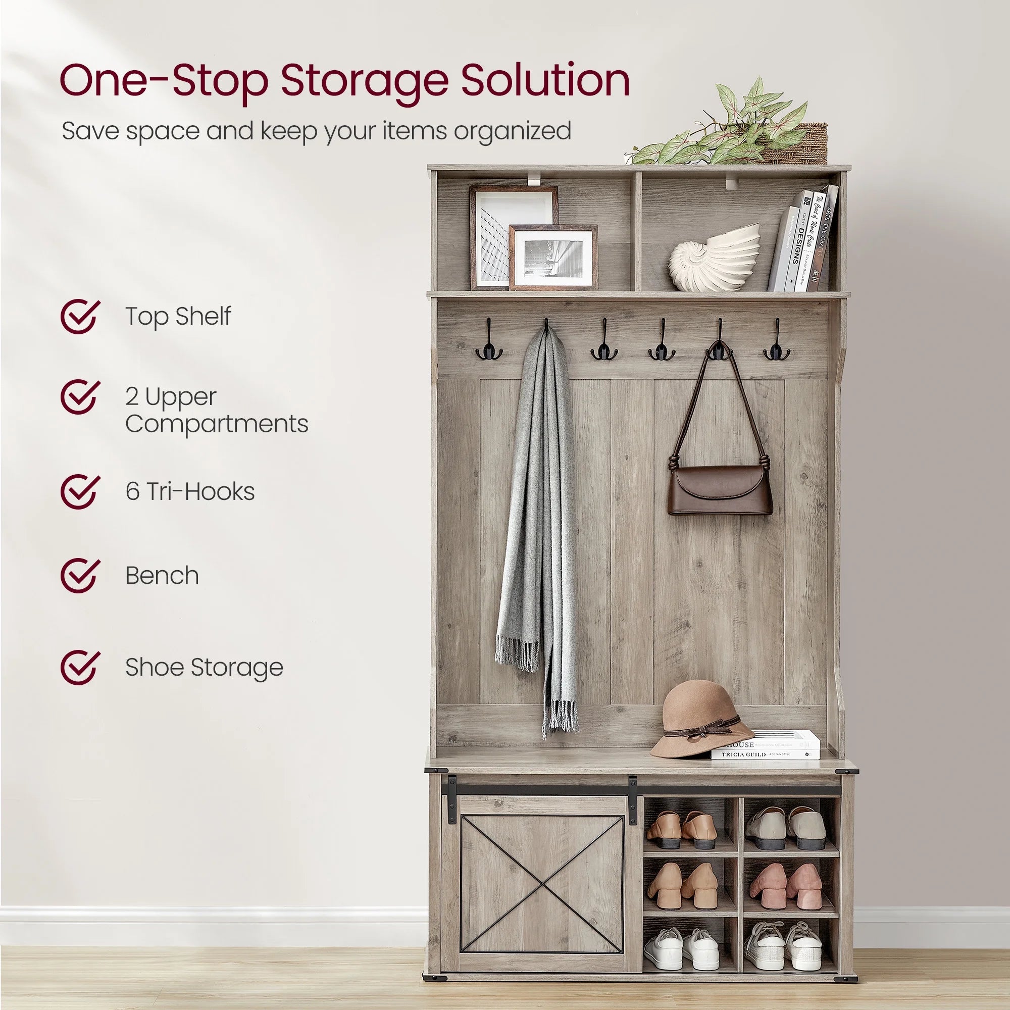 Hall Tree, Coat Rack with Shoe Bench, Entryway Furniture, Tri - Hooks, Rustic White and Honey Brown