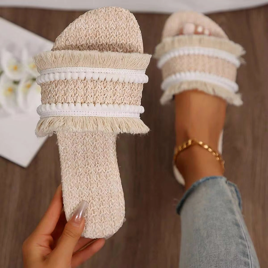 Women's Slip-On Sandals With Tassel & Straw Fabric - Perfect Summer Footwear