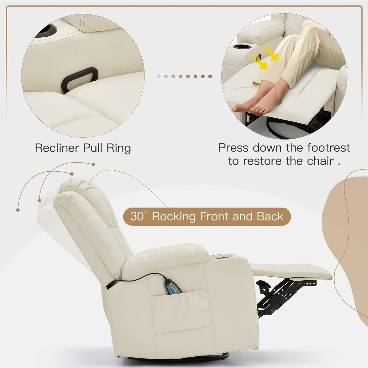 AECOJOY Massage Recliner Manual Chair with Heating & 360° Swivel Rocking Function, Cream White