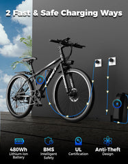 AZHAR Electric Bike for Adults, 26" Electric Mountain Bike, 1200W Peak Power Motor, up to 25 MPH 45 Miles, Electric Bicycle with 48V 10AH Removable Battery, UL 2849