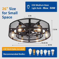 26 - Inch Farmhouse Caged Ceiling Fan with Light, Remote & APP Control Quiet DC Motor E26 Bulbs Included Black