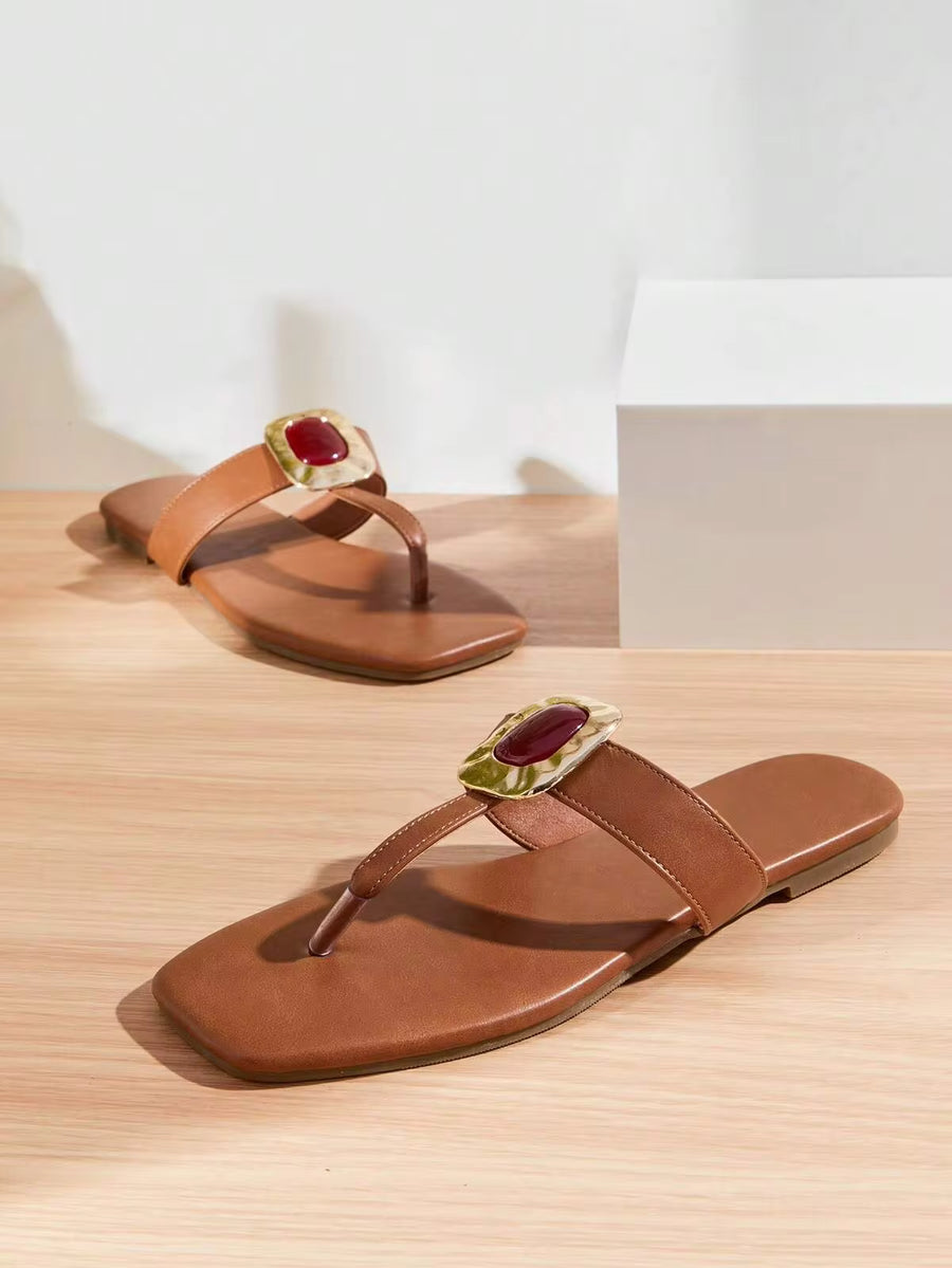 SHUZIA New Versatile Ladie's Coffee Faux Leather Pu Gemstone Embellish Square Toe Flat Sandal Slide Comfort Spring Summer Chic Holiday Shoes Vacation Beach