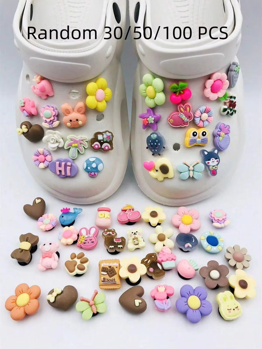 30pcs/50pcs/100pcs Cartoon Resin Bear & Flower Cute DIY Shoe Accessories Set (Random Pattern)