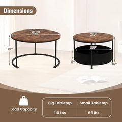 Tangkula Round Nesting Coffee Table Set of 2 with Fabric Storage Basket & Metal Frame