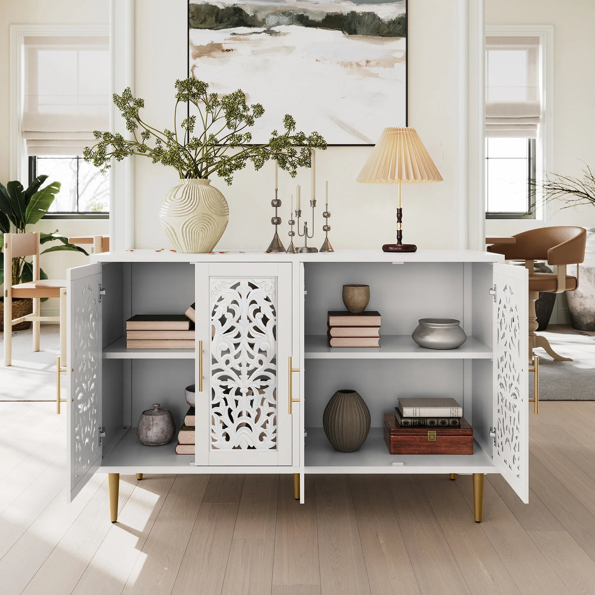 HLR 48" Accent Cabinet with 4 Doors, Vintage Hollow Carving Storage Credenza, Sideboards and Buffets Cabinet for Living Room, Kitchen, Dining Room, Entryway